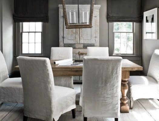 white slipcovered, armless dining room chairs
