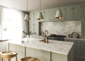 gray green kitchen with marble and brass accents