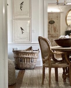 Cane Chair in dining room with antique basket