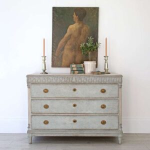 Swedish dresser with brass pulls in a soft gray-green finish