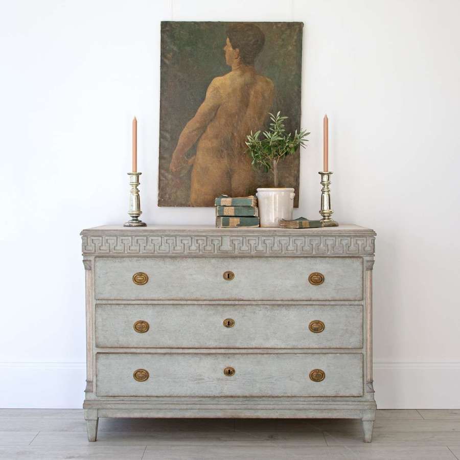 Swedish dresser with brass pulls in a soft gray-green finish