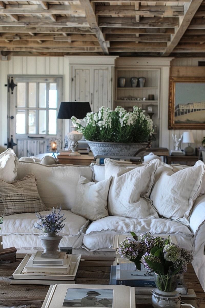 white slipcovered sofa, paneled white walls, lots of windows in a light filled living room